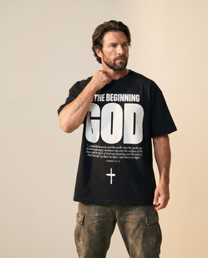 In The Beginning God MONOCHROME tee, black, front print, man, three quarter hand on collar