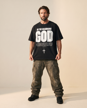 In The Beginning God MONOCHROME tee, black, front print, man, standing full body
