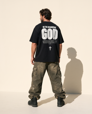 In The Beginning God MONOCHROME tee, black, back print edition, man, back print full body