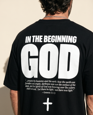 In The Beginning God MONOCHROME tee, black, back print edition, man, back print close up