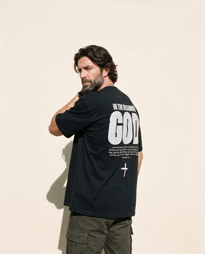 In The Beginning God MONOCHROME tee, black, back print edition, man, back print three quarter