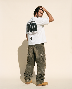 In The Beginning God MONOCHROME tee, white, back print edition, man, back print three quarter