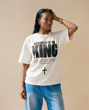 Daughter of the King MONOCHROME tee, white, woman, front print with 2 Corinthians 6:18 on the chest