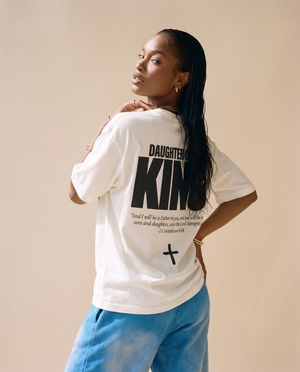 Daughter of the King MONOCHROME tee, white, back print edition, woman, back print three quarter over the shoulder