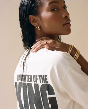 Daughter of the King MONOCHROME tee, white, back print edition, woman, back print close up over the shoulder