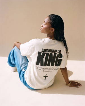 Daughter of the King MONOCHROME tee, white, back print edition, woman, back print seated with 2 Corinthians 6:18
