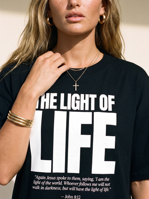 The Light of Life MONOCHROME tee, black, front print, woman, chest close up