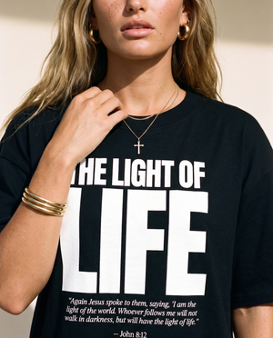 The Light of Life MONOCHROME tee, black, front print, woman, chest close up