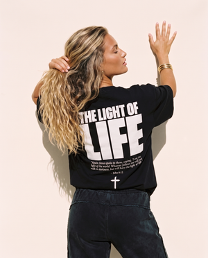 The Light of Life MONOCHROME tee, black, back print edition, woman, back print three quarter