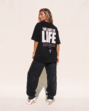 The Light of Life MONOCHROME tee, black, back print edition, woman, back print full body