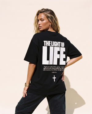 The Light of Life MONOCHROME tee, black, back print edition, woman, back print look over