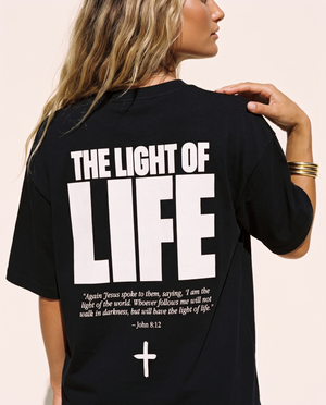 The Light of Life MONOCHROME tee, black, back print edition, woman, back print close up