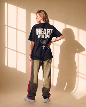 Heart Wide Open tee, black, back print edition, woman, back print full body