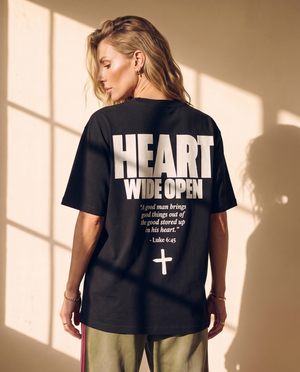 Heart Wide Open tee, black, back print edition, woman, back print close up