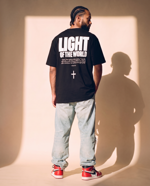 Light of the World tee, black, back print edition, man, back print full body look over