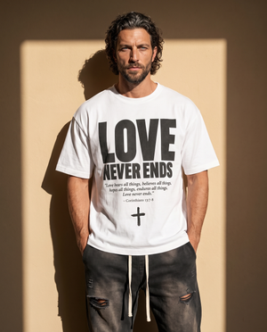 Love Never Ends tee, white, front print, man, hands in pockets thigh up