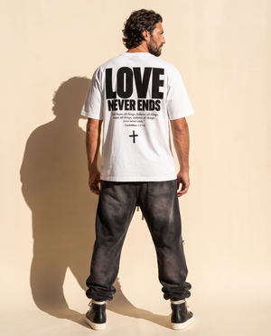 Love Never Ends tee, white, back print edition, man, back print full body