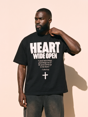 Heart Wide Open MONOCHROME tee, black, front print, man, hand on collar