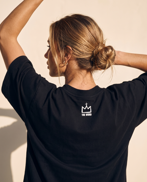 Heart Wide Open tee, black, back print, woman, crown close up arms up