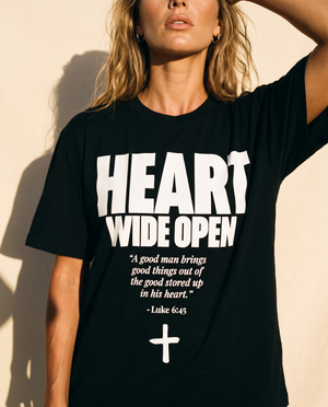 Heart Wide Open tee, black, front print, woman, chest close up