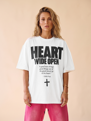 Heart Wide Open tee, white, front print, woman, thigh up arms down