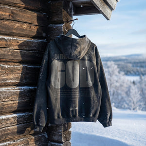 BLACK FADED HOODIE · IN THE BEGINNING GOD