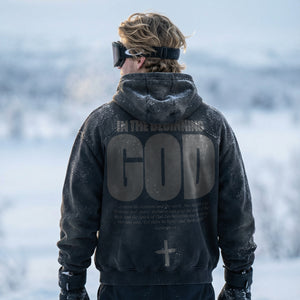 BLACK FADED HOODIE · IN THE BEGINNING GOD