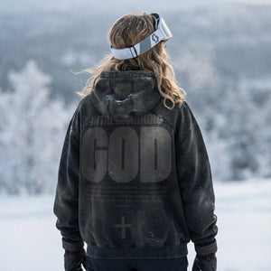 BLACK FADED HOODIE · IN THE BEGINNING GOD