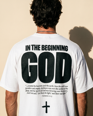 In The Beginning God MONOCHROME tee, white, back print edition, man, back print close up
