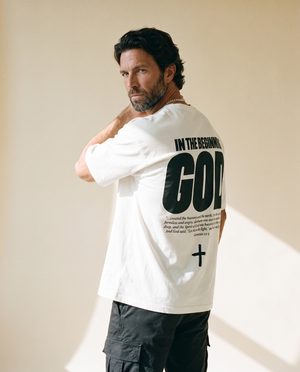 In The Beginning God MONOCHROME tee, white, back print edition, man, back print three quarter look over