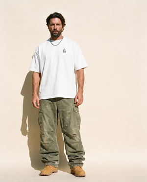 In The Beginning God MONOCHROME tee, white, back print edition, man, front crown full body cargo