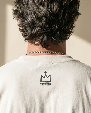 In The Beginning God MONOCHROME tee, white, back print, man, crown close up