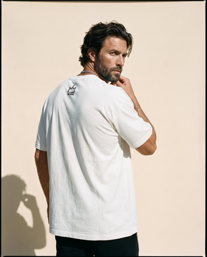 In The Beginning God MONOCHROME tee, white, back print, man, crown look over