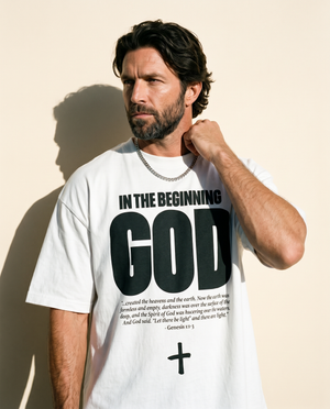 In The Beginning God MONOCHROME tee, white, front print, man, three quarter hand on collar