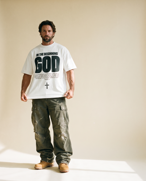 In The Beginning God MONOCHROME tee, white, front print, man, standing full body