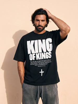 King of Kings tee, black, front print, man, hand in hair thigh up