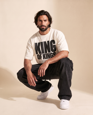 King of Kings MONOCHROME tee, white, front print, man, crouch