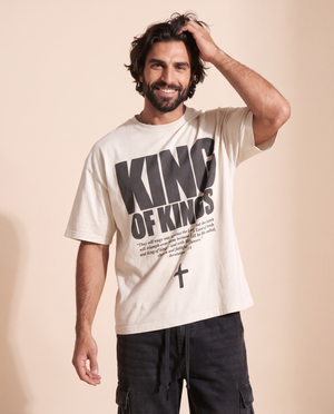 King of Kings MONOCHROME tee, white, front print, man, hand in hair
