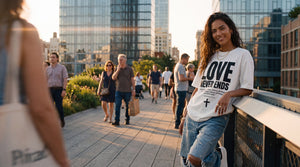 Woman in white Love Never Ends tee leaning on the High Line railing in New York