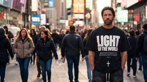 Man in black Light of the World tee standing in a Times Square crowd