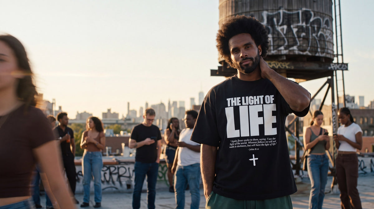 Man in black The Light of Life tee on a Brooklyn rooftop by a water tower at golden hour