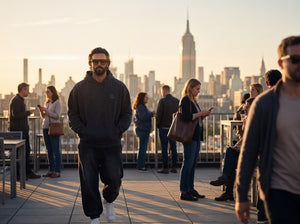 Man in black hoodie and sweatpants on a New York rooftop at sunset