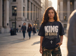 Woman in sun-faded King of Kings tee on a Lower Manhattan street at golden hour