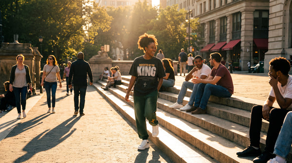 A woman in a The Word Daughter of the King tee laughs as she walks down park steps at golden hour