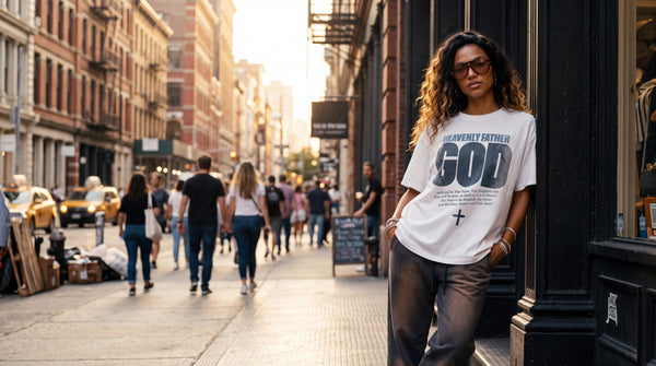 Woman in Heavenly Father God tee on a SoHo sidewalk at golden hour