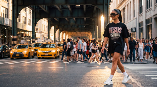 Woman in an oversized black JESUS IS KING pink-print tee worn as a dress, crossing a street under an elevated train line at golden hour