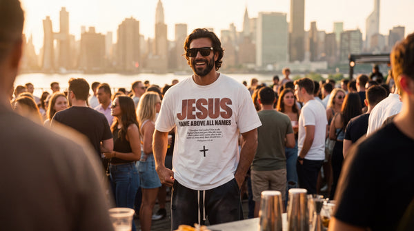 Man in Jesus Name Above All Names tee at a rooftop gathering with the Manhattan skyline