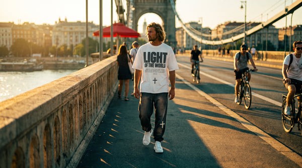 A man in a The Word Light of the World tee walks across a bridge into the city at golden hour