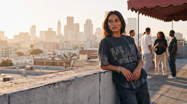 Woman in a sun-faded Heart Wide Open tee leaning on a rooftop parapet by a red awning