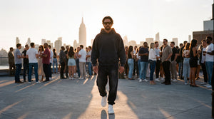 The Word SWEATS, a man in the faded black hoodie and heavyweight sweatpants walking across a New York rooftop party at golden hour